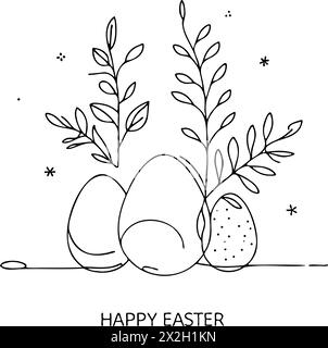 Zeichnung von drei Eiern und Blättern mit den Worten Happy Easter unten geschrieben. Die Zeichnung hat eine friedliche und fröhliche Stimmung, mit den Eiern und Blättern Stock Vektor