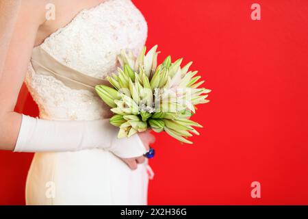 Hände der jungen Braut halten einen Blumenstrauß von Lilien auf rotem Hintergrund Stockfoto