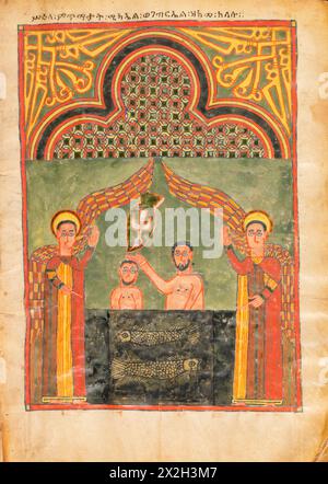 Beleuchtetes Evangelium - Amhara-Völker - die Taufe Christi - Ende des 14. Bis Anfang des 15. Jahrhunderts Stockfoto