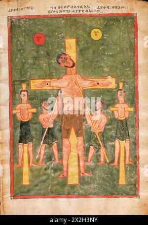 Beleuchtetes Evangelium - Amhara-Völker - Kreuzigung Christi - Ende des 14. Bis Anfang des 15. Jahrhunderts Stockfoto