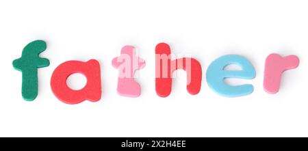 Vater, bunte Buchstaben für das Kind, englisches Wort isoliert auf weiß Stockfoto