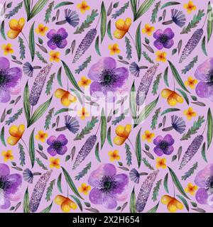 Nahtlose Muster Wiese lila gelbe Blumen und Kräuter, Kornblumen, auf lila Hintergrund Stockfoto