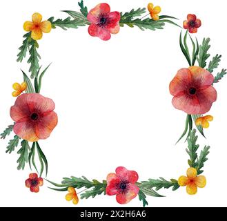Quadratischer Rahmen. Ein Kranz aus wilden Wiesenblumen. Mohn und Kräuter Stockfoto