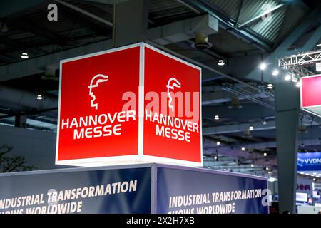 Hannover Messe Industrie 2024 DEU, Deutschland, Niedersachsen, Hannover, 22.04.2024: Logo der Hannover Messe *** Hannover Messe Industrie 2024 DEU, Deutschland, Niedersachsen, Hannover, 22 04 2024 Logo der Hannover Messe Stockfoto