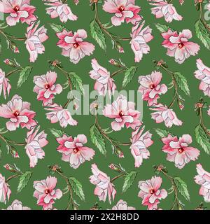 Nahtloses Muster aus rosa Sakura-Blüten und grünen Blättern auf grünem Hintergrund. Aquarell handgezeichnetes japanisches Blumenschmuck für Textil Stockfoto