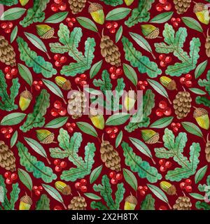 Nahtloses Muster mit Tannenzweigen, Kegeln, Eicheln und roten Beeren. Handgezeichnetes weihnachtspapier. Waldelemente auf weiß Stockfoto