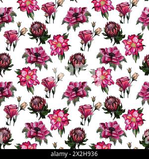 Nahtloses Blumenmuster mit blühenden rosafarbenen Blüten, Protea und Wildrose. Tropisch exotisch Stockfoto