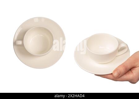 Weiße Keramikkkaffeetasse und Untertasse isoliert auf weißem Hintergrund. Stockfoto