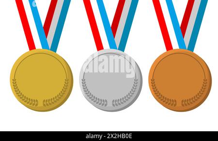 Cartoon Sports Medal, Gold Silber und Bronze Gewinner Award Vektor auf weißem Hintergrund Stock Vektor