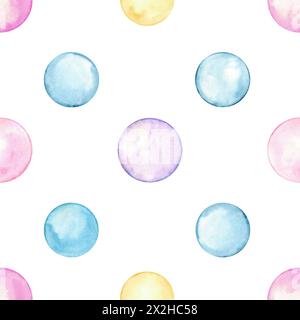 Blaue, rosa, gelbe Polka Dots. Mehrfarbiger Kreis in sanften Pastellfarben. Nahtloses Muster. Kreativer, minimalistischer Stil. Spritzer, Blasen, runde Kritzeleien Stockfoto