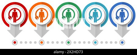 Android-Ladekabel, humanoider Roboter-Vektor-Symbolsatz, flache Design-Infografik-Vorlage, Zeiger-Konzeptsymbole in 5 Farboptionen für Webdesign und Stock Vektor