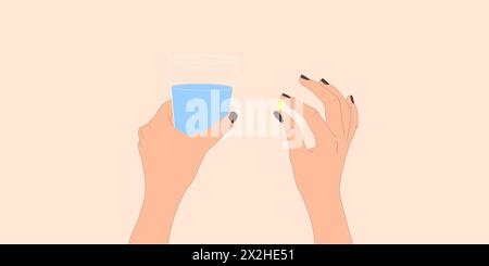 Die Pillen nehmen. Die Frau hält die Kapsel, die Tablette und ein Glas Wasser in den Händen. Vektor-Illustration Konzept Ergänzung und Gesundheit. Stock Vektor