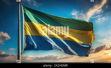 Die Fahne von Gabun flattert im Wind, isoliert gegen blauer Himmel Stockfoto