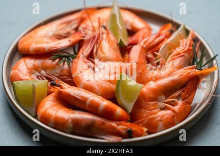 Frische Garnelen mit Eis, Limette und Rosmarin auf grauem Hintergrund, Draufsicht. Das Konzept der gesunden Ernährung. Fisch Und Meeresfrüchte Stockfoto