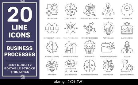 Set aus 20 Zeilensymbolen für Geschäftsprozesse. Bearbeitbare Kontur. EPS 10 Stock Vektor