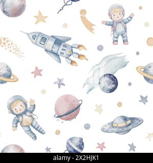Nahtloses Muster für Space Aquarell. Hintergrund mit Kosmos, Planeten, Kosmonauten und Raumschiff für Babytextilien oder kindliche Kindertapete in pastellblauen und rosa Farben. Niedliche Kulisse für Kinder Stockfoto