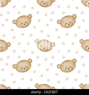 Nahtlose Muster im Kinderzimmer mit niedlichem Teddybär. Aquarellhintergrund mit Zeichen für Baby. Hintergrund mit fröhlichen Köpfen von Tieren in Pastellfarben für Tapeten oder kindliches Textildesign. Stockfoto