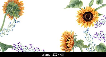 Sonnenblumen und abstrakte Wildpflanzen. Blaue, orange gelbe Blüten. Sommerkomposition mit Blumenmuster und Kopierraum für Text. Aquarellabbildung Stockfoto