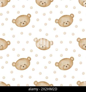 Nahtlose Muster im Kinderzimmer mit niedlichem Teddybär. Aquarellhintergrund mit Zeichen für Baby. Hintergrund mit fröhlichen Köpfen von Tieren in Pastellfarben für Tapeten oder kindliches Textildesign. Stockfoto