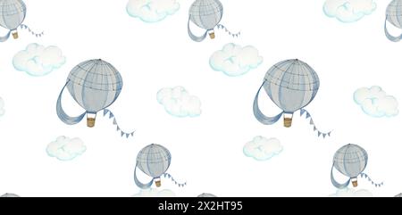 Wasserfarben Heißluftballons mit Girlanden, Wolken. Nahtloses Muster. Kinderillustration. Pastellfarben Blau, Beige. Hintergrund Kinderzimmer, P Stockfoto