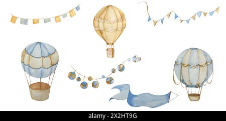 Setzen Sie Ballons in Vintage Aquarell mit Girlanden und Flaggen. Pastelltöne Beige und Blau. Kinderillustration. Für Design Kinderzimmer, Zubehör, Stockfoto