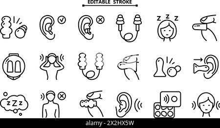 Ohrstöpsel-Leitungssymbole eingestellt. Bearbeitbare Kontur. Gesunder Schlaf ohne Schnarchen, Ohrsicherheit-Illustrationen. Schilder für den medizinischen Laden. Einfache Stilvektorsymbole Stock Vektor
