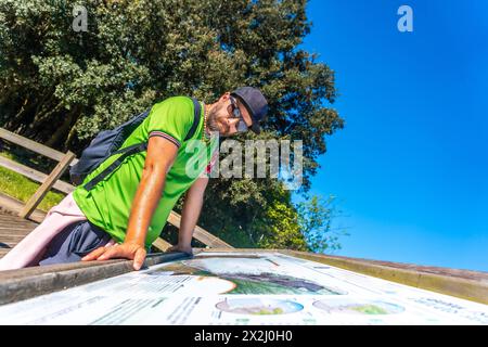 Ein Mann, der auf eine Informationstafel im Zumaia Flysch blickt, Gipuzkoa. Baskenland Stockfoto