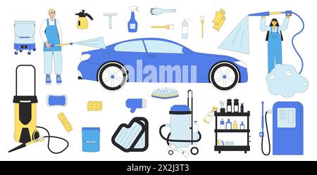 Autowaschanlage. Auffangelemente der Reinigungsstation des Fahrzeugs auf weißem Hintergrund isoliert. Autowerkstatt reparieren. Illustration der Vektorabwicklung. Stock Vektor