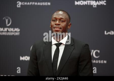 Madrid, Madrid, Spanien. April 2024. USAIN BOLT, ehemaliger jamaikanischer Athlet auf dem roten Teppich, während der Laureus World Sports Awards 2024 im Palacio de Cibeles in Madrid, während der Gala der 25. Ausgabe der Laureus World Sports Awards. (Kreditbild: © Luis Soto/ZUMA Press Wire) NUR REDAKTIONELLE VERWENDUNG! Nicht für kommerzielle ZWECKE! Quelle: ZUMA Press, Inc./Alamy Live News Stockfoto