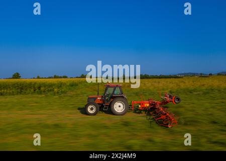 Traktor mit Zeter, Trocknen von gemähtem Heu, Stockfoto