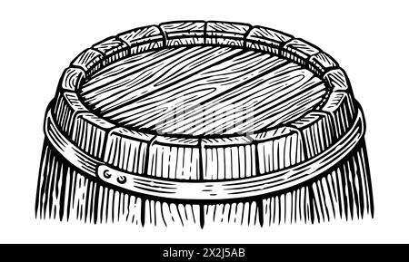 Oben auf der Skizze des Holzzylinders. Handgezeichnetes Eichenfass im Vintage-Stil. Schwarz-weiß-Vektorillustration Stock Vektor
