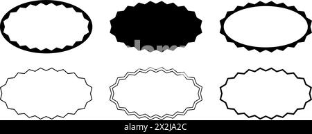 Satz verschiedener ovaler Rahmen mit Zickzackrand. Elliptische Formen mit gezackten Kanten. Vorlagen für Textfelder, Aufkleber, Tags oder Sprechblasen auf weißem Hintergrund. Vektorgrafik. Stock Vektor