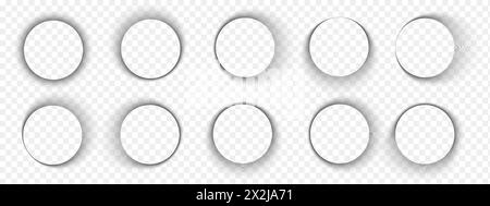 Satz von runden Schatten. Weicher Überlagerungseffekt mit Kreis. Abgerundete Formen mit dunklen Verlaufsgrenzen, isoliert auf transparentem Hintergrund. Leere kreisförmige Schattierungen auf dem Boden oder Papier. Realistische Vektordarstellung. Stock Vektor