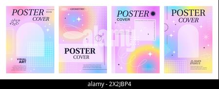 Ästhetische moderne Y2K-Posterabdeckungen mit Rahmen und Hintergründen, Vektorvorlagen. Poster mit Farbverläufen in Pastellfarben oder Neon in Regenbogenfarben mit geometrischen Y2K-Elementen und einfachen minimalen Linienrahmen Stock Vektor
