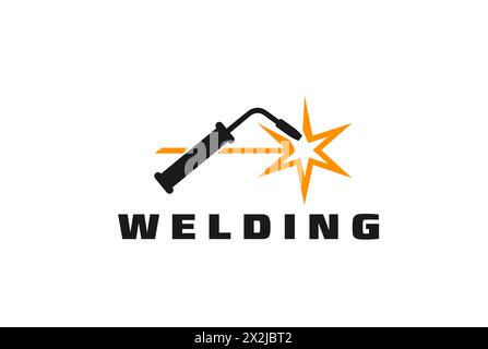 Schweißsymbol, Schweißgerät und Funken. Isoliertes Vektoremblem mit stilisiertem Schweißbrenner in Aktion, der einen hellen, dynamischen Funkenstrahl ausstrahlt und den Prozess der industriellen Metallbearbeitung symbolisiert Stock Vektor