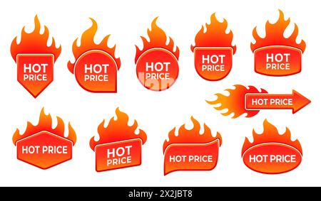Sonderaktionen mit Etiketten zum Sonderpreis bieten Embleme mit Feuer an. Isolierte Vektorabzeichen oder Ikonen mit rot brennenden Zungen. Sonderangebot Werbeschilder für ermäßigte Artikel, Einzelhandel oder Sonderverkauf Stock Vektor