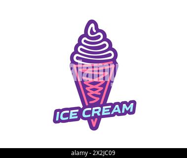 Eis-Dessert, Eiscreme Waffelkegel Symbol. Isoliertes Vektor-Emblem mit üppigem gefrorenem Wirbel auf einer knusprigen Waffeltasse, einem Menü-Snack oder einem Sommer-Café-Food-Etikett in rosa und lila Farben Stock Vektor