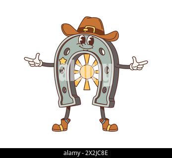 Cartoon Retro Hufeisen Wild West groovige Figur. Old american Western Sheriff Hufeisenvektorfigur mit Vintage Cowboyhut und Stiefeln, goldenem Stern und Sonne. Grooviges, funkiges Western Marshal Emoji Stock Vektor