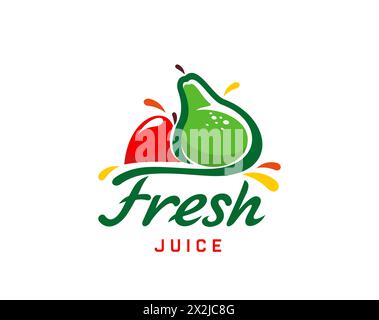 Frischsaft-Symbol, Birnen- und Apfelfrucht-Getränk oder Smoothie-Etikett, Vektor-Emblem. Fruchtsaftpaket Symbol aus rotem Apfel und Birne mit saftigen Tropfen spritzen in flacher Linie für natürliches Bio-Getränk Stock Vektor