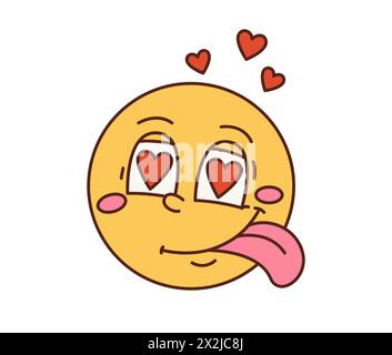 Grooviger Hippie schönes Gesicht Lächeln in Liebe mit Herzen in den Augen, Vektor Retro Cartoon. Grooviges, funkiges Comic-Emoji-Lächeln oder Emoticon aus den 70er Jahren mit hypnotisierten Liebesherzen und Zunge zum Valentinstag oder zur Hochzeit Stock Vektor