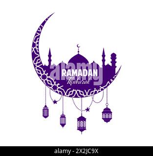 Mondsichel, arabische Laternen und Moscheen-Minarette. Ramadan Kareem-Banner. EID Mubarak Feiertagsvektor-Grußkarte mit traditioneller muslimischer Moschee Silhouette in kunstvoll verzierten Sichel- und fanous-Lampen Stock Vektor