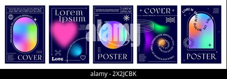 Ästhetische Farbverläufe Y2K-Poster und abstrakte Hintergründe, Vektordeckel. Moderne Postervorlagen mit Farbverläufen in Neonfarben mit Y2K-Ästhetik für Herz-, Kreis- und Bogenlinien Stock Vektor