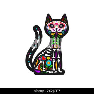 Mexikanischer Tag der Toten, Katzentier mit Zuckerschädel für Tätowierung, Vektorsymbol. Dia de Los Muertos Urlaub oder Mexico fiesta Tattoo einer Katze mit Schädel und Skelett Knochen in mexikanischem Blumenschmuck Stock Vektor