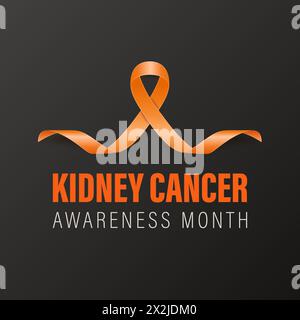 Nierenkrebs-Banner, Karte, Plakat mit realistischem orangefarbenem Band des Vektors 3d auf schwarzem Hintergrund. Nierenkrebs Awareness Month Symbol Closeup. Welt Stock Vektor