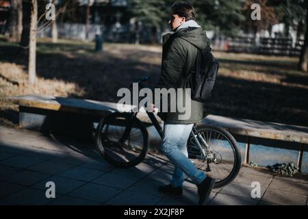 Stadtradfahrer machen mit dem Fahrrad eine Pause in einem Stadtpark Stockfoto