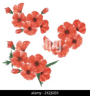 Rote Mohnblumen Blumensträuße. Mohntag, Armistice Blume Kompositionen. Handgezeichnete Aquarellillustration für Erinnerungskarte, Banner, Gedenkveranstaltungen, US Memorial Day, Anzac Day, Flyer, Banner, Verkauf Stockfoto