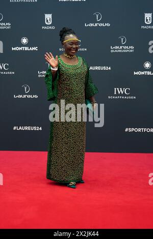 Madrid, Madrid, Spanien. April 2024. Tegla Loroupe nimmt am 22. April 2024 an den Laureus World Sports Awards Madrid 2024 – Roter Teppich im Palacio de Cibeles in Madrid, Spanien Teil (Foto: © Jack Abuin/ZUMA Press Wire) NUR ZUR REDAKTIONELLEN VERWENDUNG! Nicht für kommerzielle ZWECKE! Quelle: ZUMA Press, Inc./Alamy Live News Stockfoto