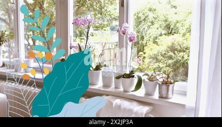 Bild eines Blumensymbols über leerem Wohnzimmer Stockfoto