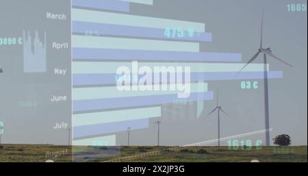 Bild der Datenverarbeitung und Diagramme über Windturbinen auf dem Feld Stockfoto