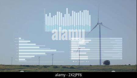 Bild der Datenverarbeitung und Diagramme über Windturbinen auf dem Feld Stockfoto